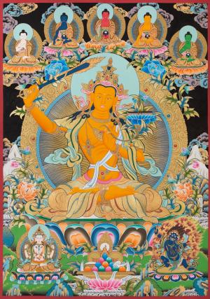 Original Hand Painted Manjushree Thangka with Beautiful Color Combination | Wall Hanging Decor | Tibetan Buddhism